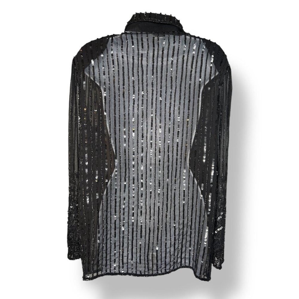 Vintage J Kara Sheer Black Sequin Beaded Blouse Evening Snap Ornate floral - Picture 6 of 9